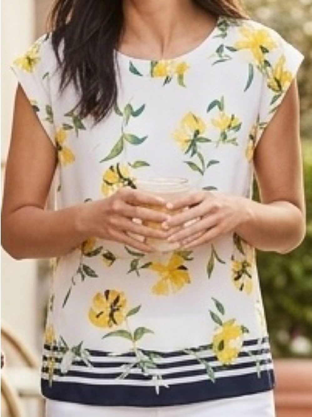 Ann Taylor Factory White Blouse with Yellow Floral Print and Navy Stripe Hem